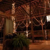 Warm-lit rustic pavilion with wooden beams, hanging lights, and potted plants at night