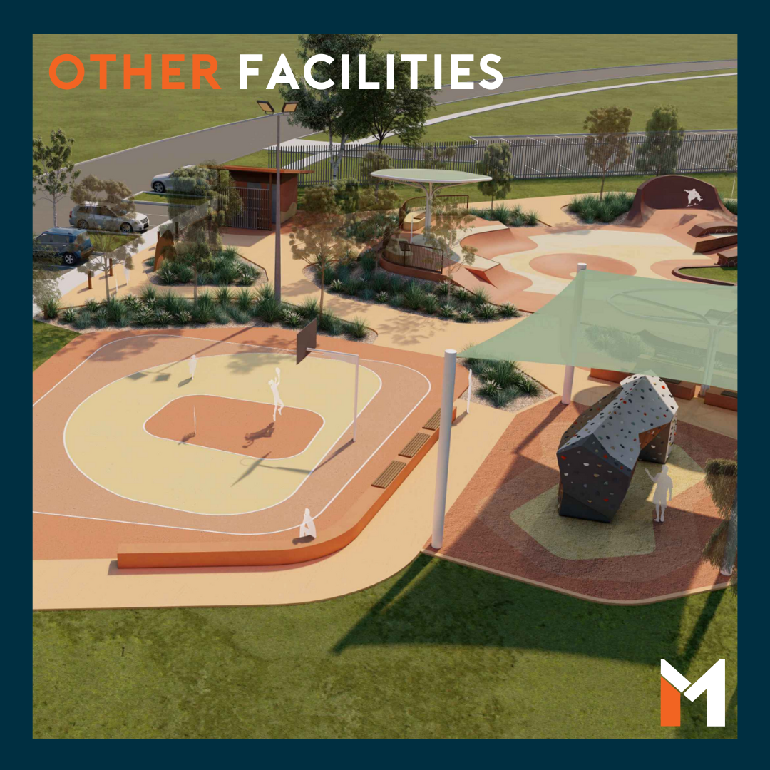 Park rendering with colorful play areas, a climbing wall, and a sheltered seating area.