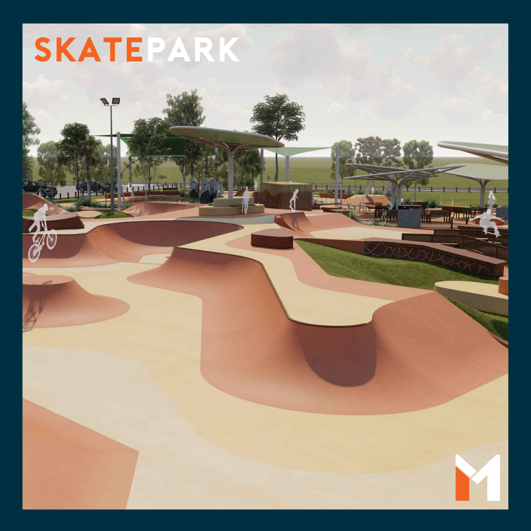 Skatepark rendering. Brown, tan, and green ramps. People skating. Trees and shade structure in background.