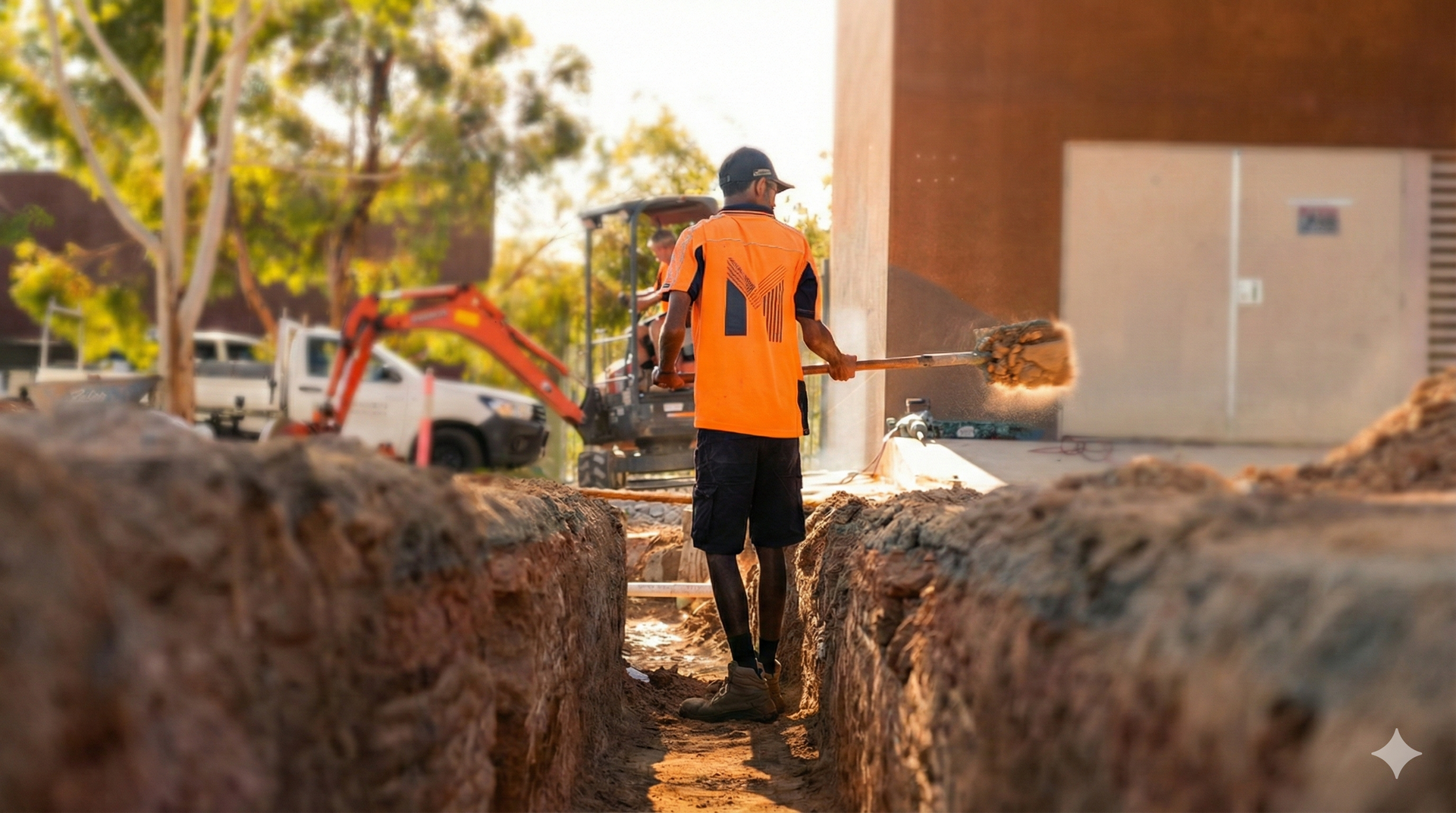 A worker in an orange high-visibility shirt uses a shovel to clear a dirt trench at a construction site.