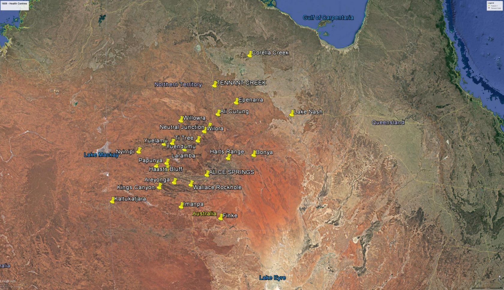 Satellite view of central Australia, marked with yellow location pins.