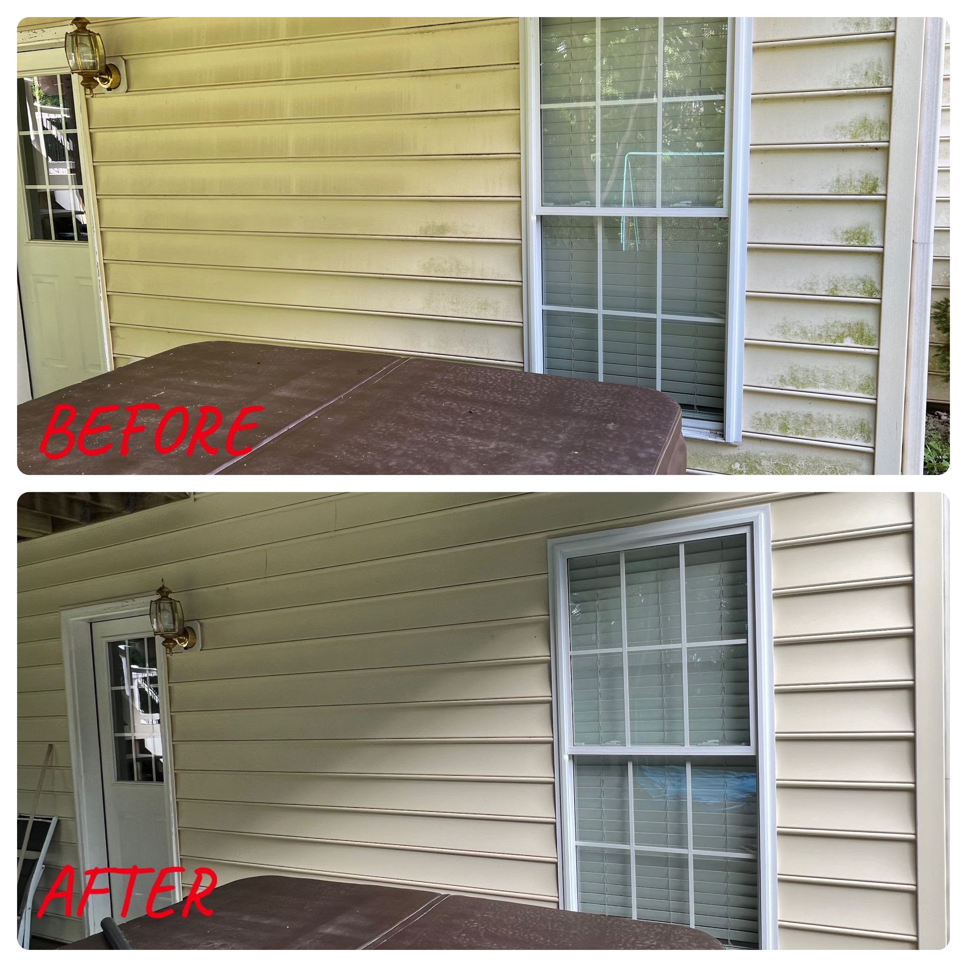 A before and after photo of a wooden deck.