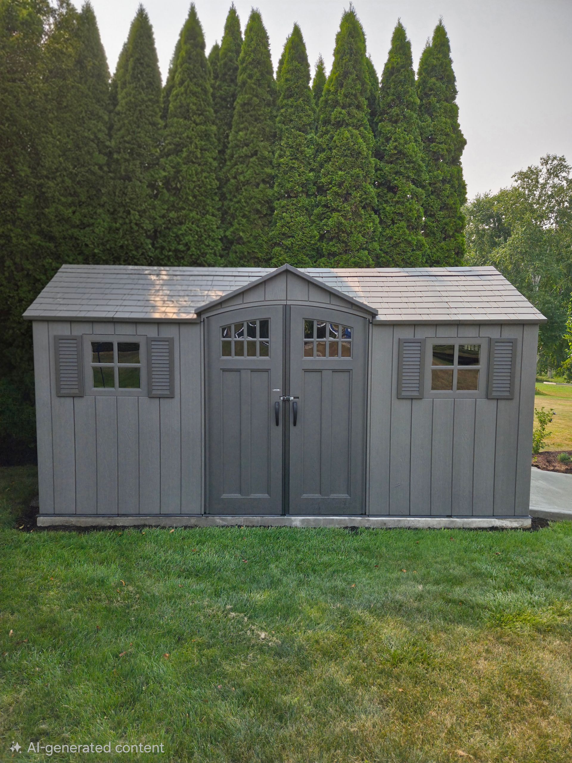 Gray shed with double doors, two windows, and dark green trees in background.