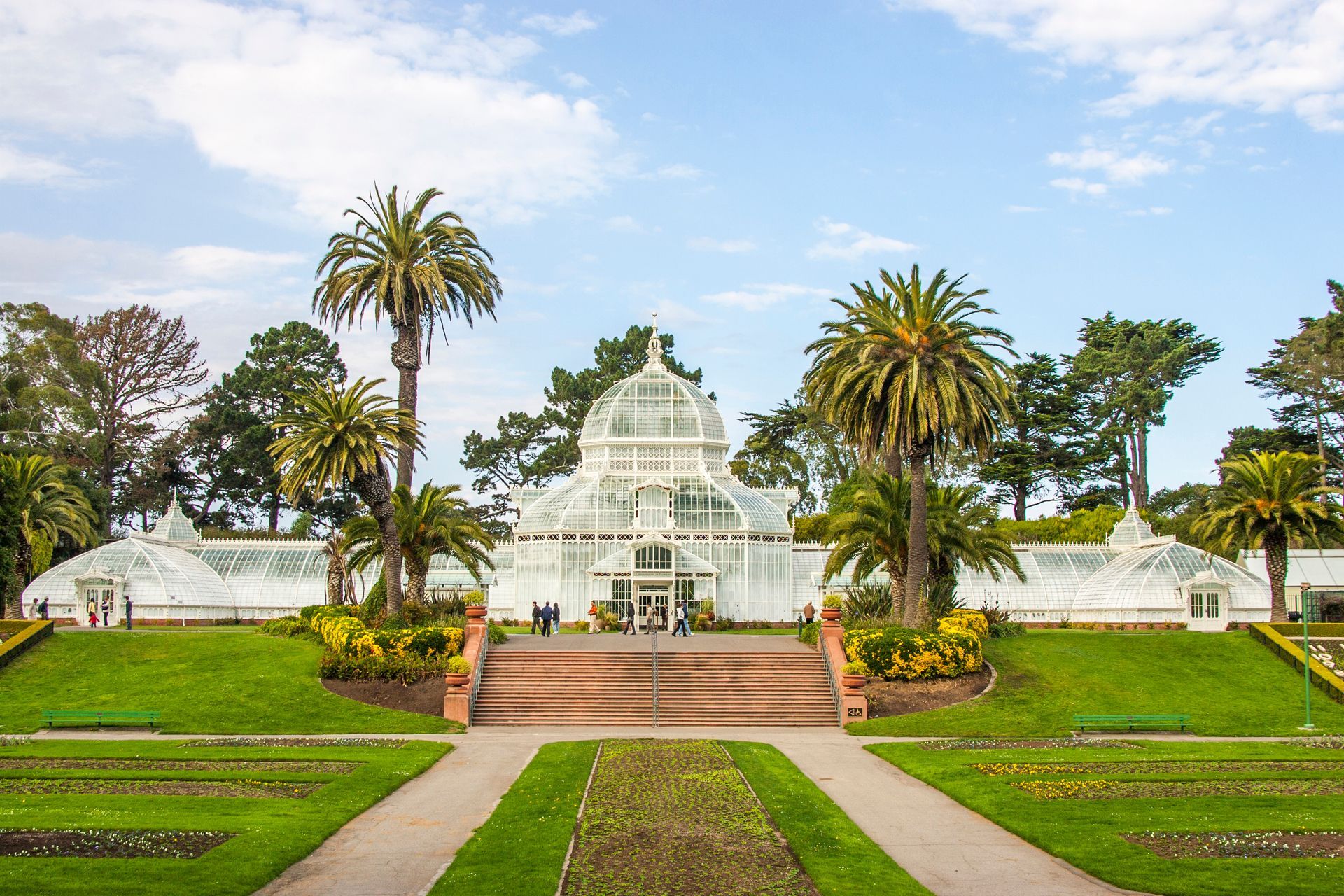 A greenhouse with palm trees in front of it in a park.