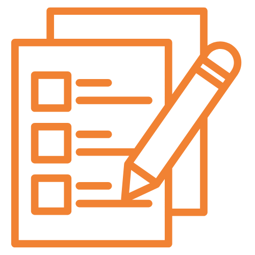 Orange outline icon of a checklist form with a pencil overlay