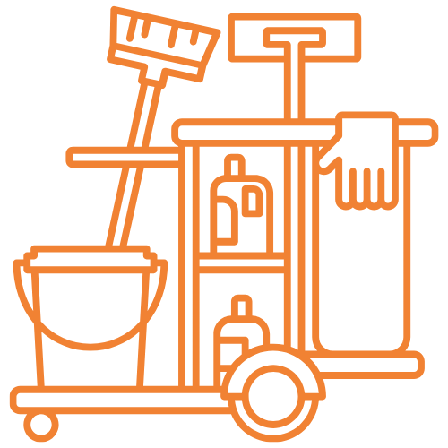 Orange outline of a cleaning cart with mop, bucket, spray bottles, and towels