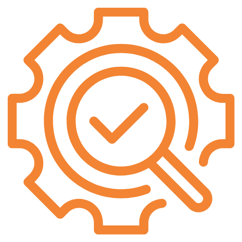 Orange outline gear with magnifying glass and checkmark icon