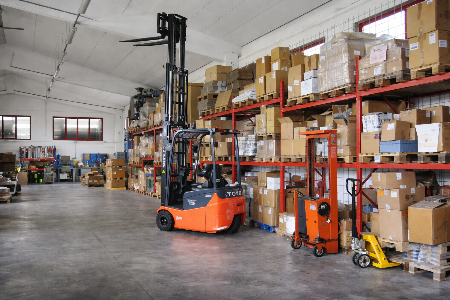 Interno del magazzino con carrello elevatore, scatole sugli scaffali e altre attrezzature per la movimentazione dei materiali.