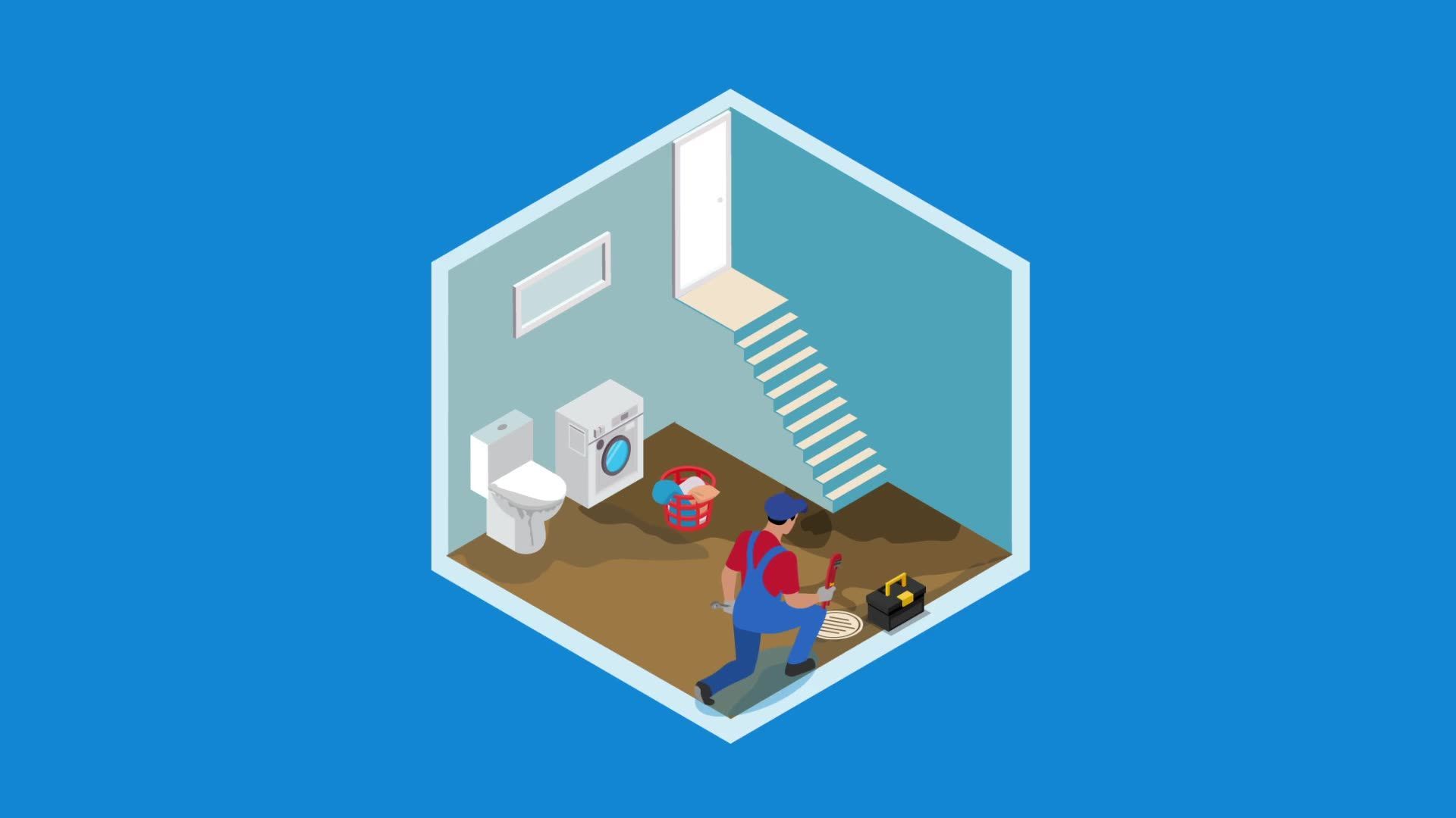 A technician in blue overalls kneeling to repair a leaking pipe in a basement with a toilet and washing machine.