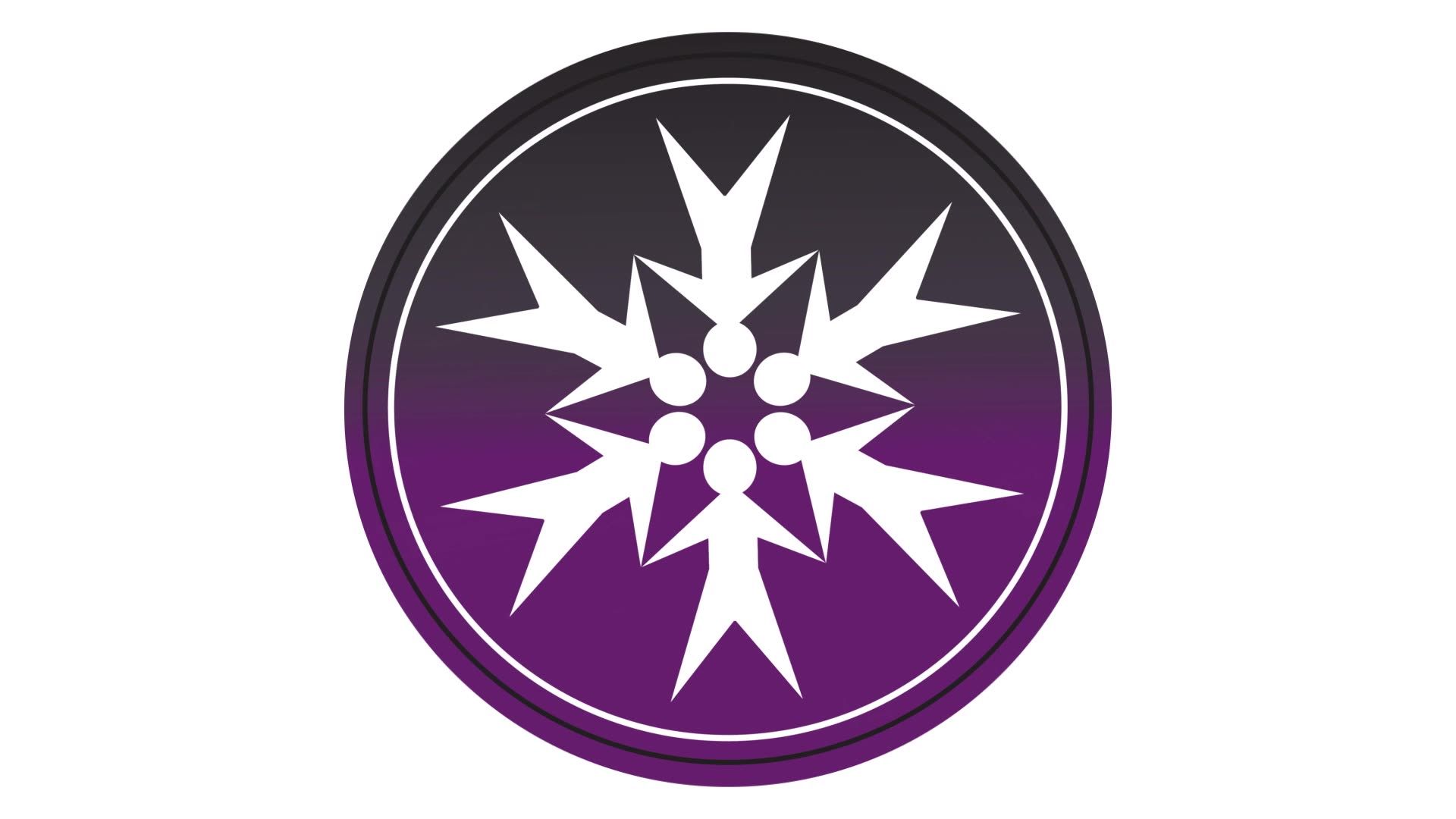 Purple circular logo with a white starburst or compass-like emblem in the center