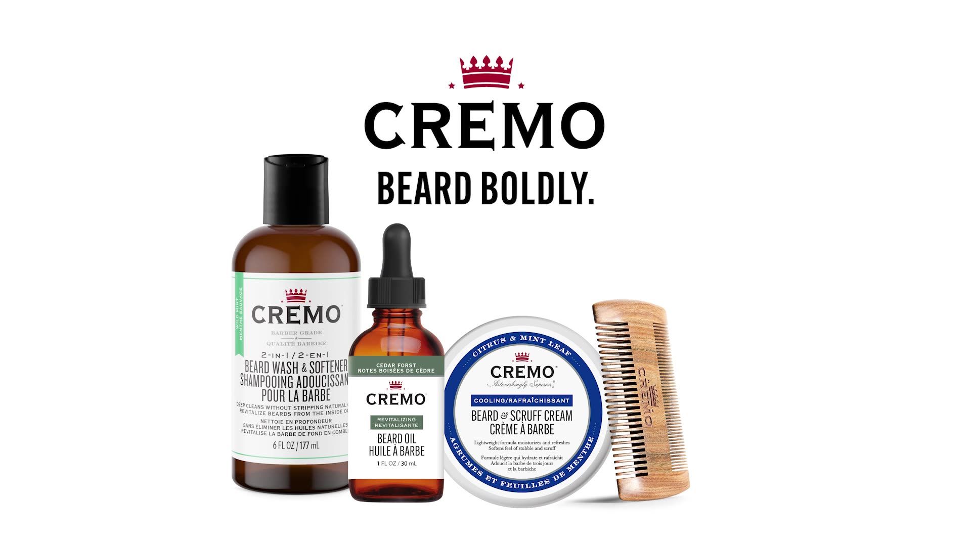 CREMO Beard Boldly grooming set with beard wash, oil, balm, comb, and brush on white background
