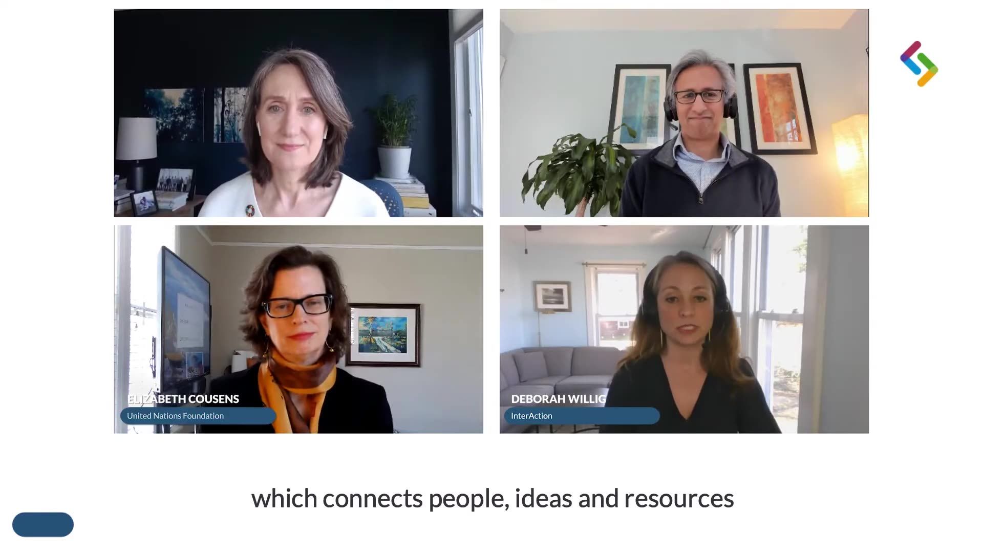 Four people in a video conference grid, each in a home office, with the caption “which connects people, ideas and resources”