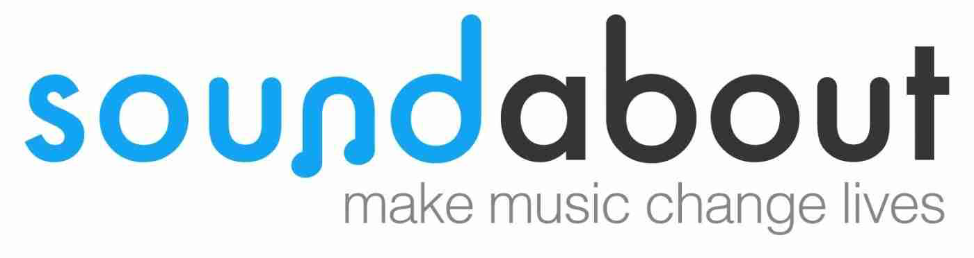 A logo for soundabout that says make music change lives