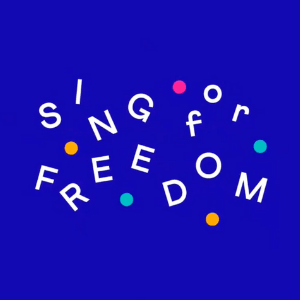 A blue background with white letters that say sing for freedom