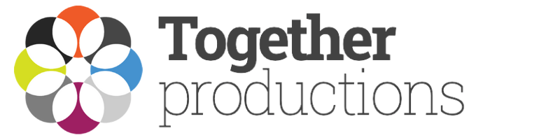 A logo for together productions with a flower in the middle