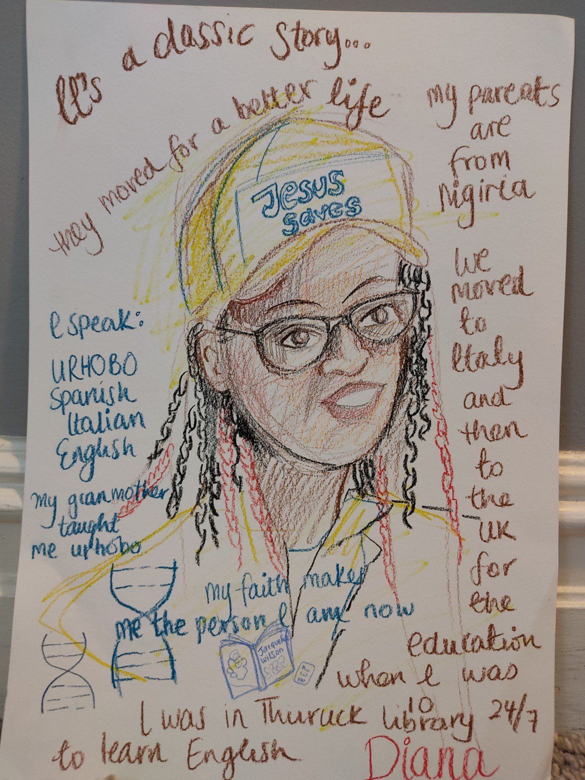 A drawing of a woman wearing a jesus genesis hat
