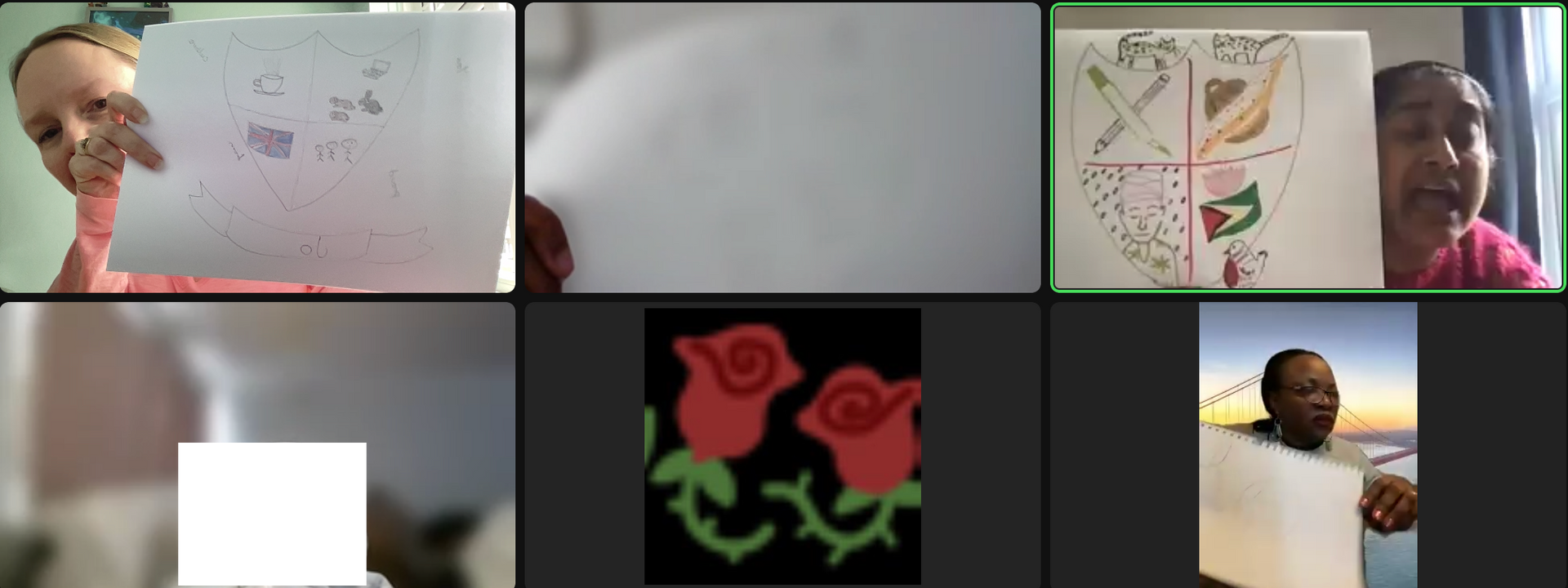 A group of people are having a video call with drawings on the screen