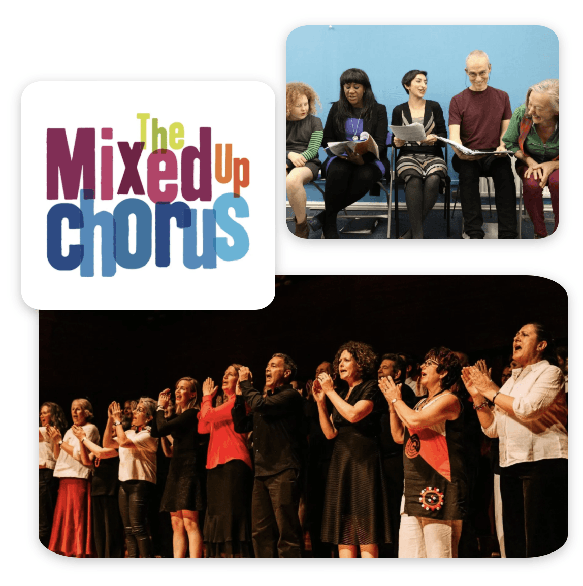 A group of people are standing in front of a sign that says the mixed up chorus