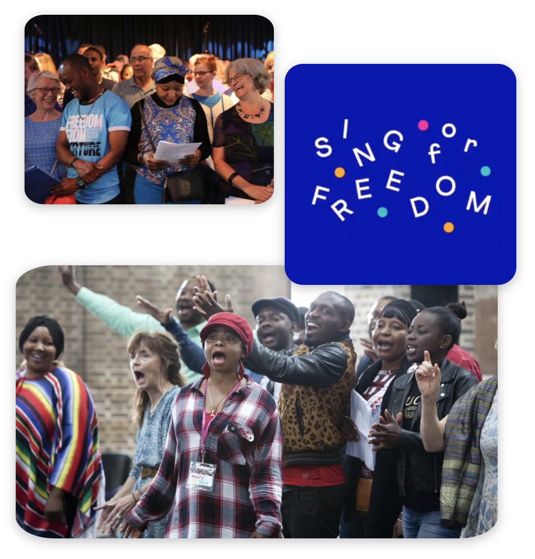 A group of people are singing for freedom