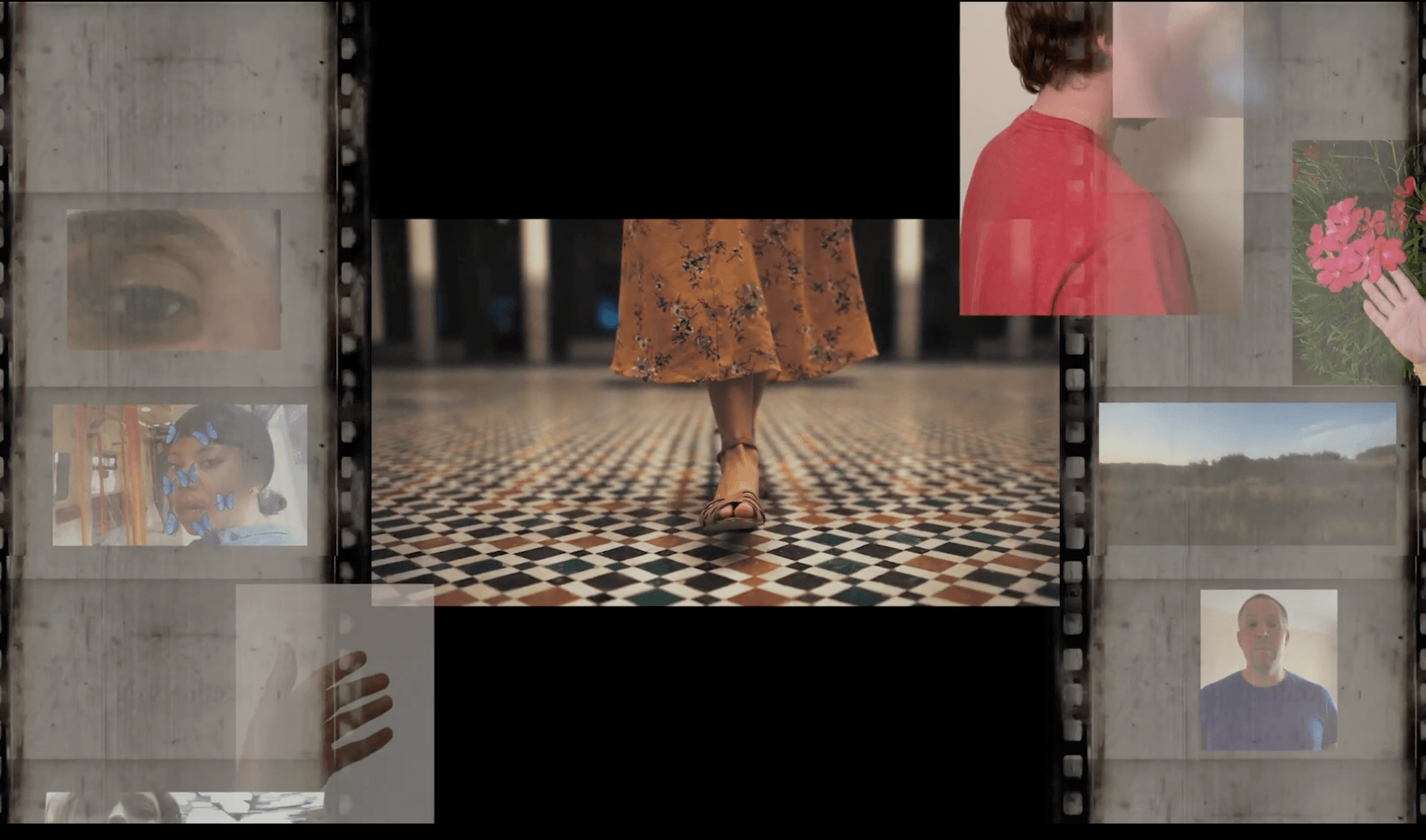 A woman in a yellow dress is walking on a tiled floor.