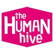 The human hive logo is a pink hexagon with the words `` the human hive '' written on it.