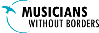A logo for musicians without borders with a blue bird