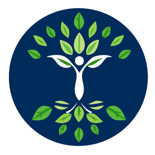 Blue circular logo with a stylized white person-tree and green leaves arranged around it