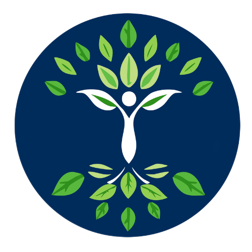 Stylized green tree made of leaves and a white human figure on a dark blue circle background