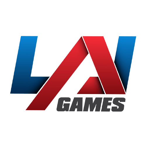 a blue and red la games logo on a white background