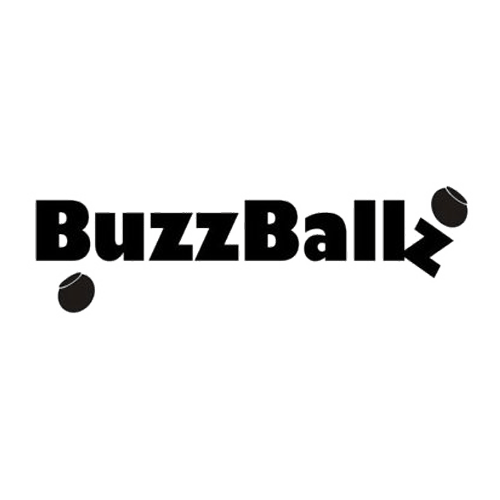 a black and white logo for buzzball with tennis balls on a white background .
