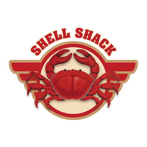 a shell shack logo with a crab on it