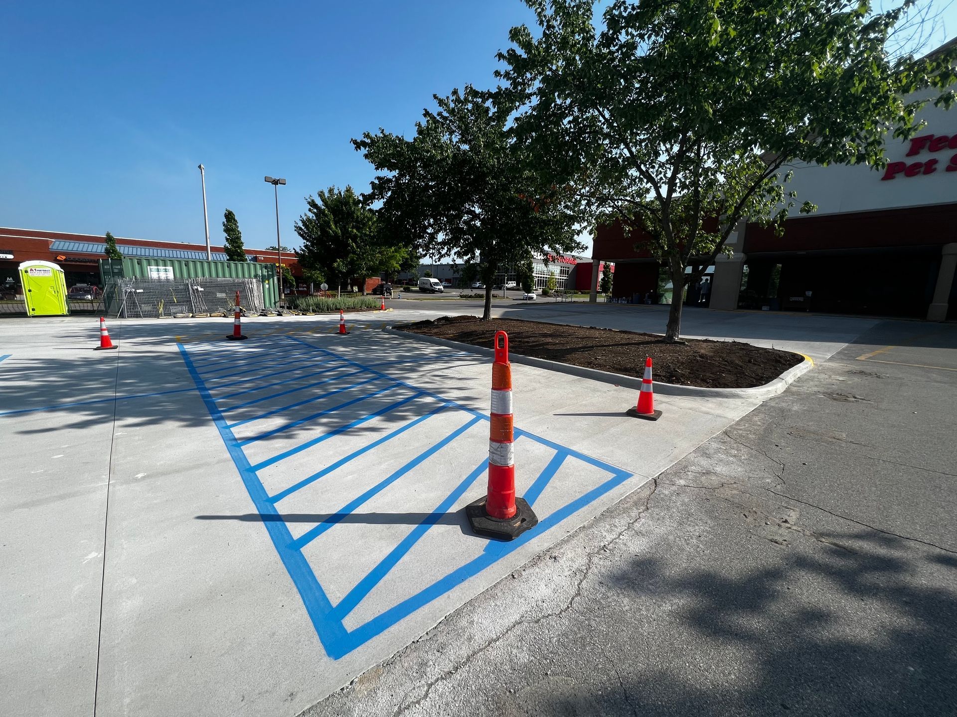 Blue-striped accessible parking space with orange cones in a store parking lot