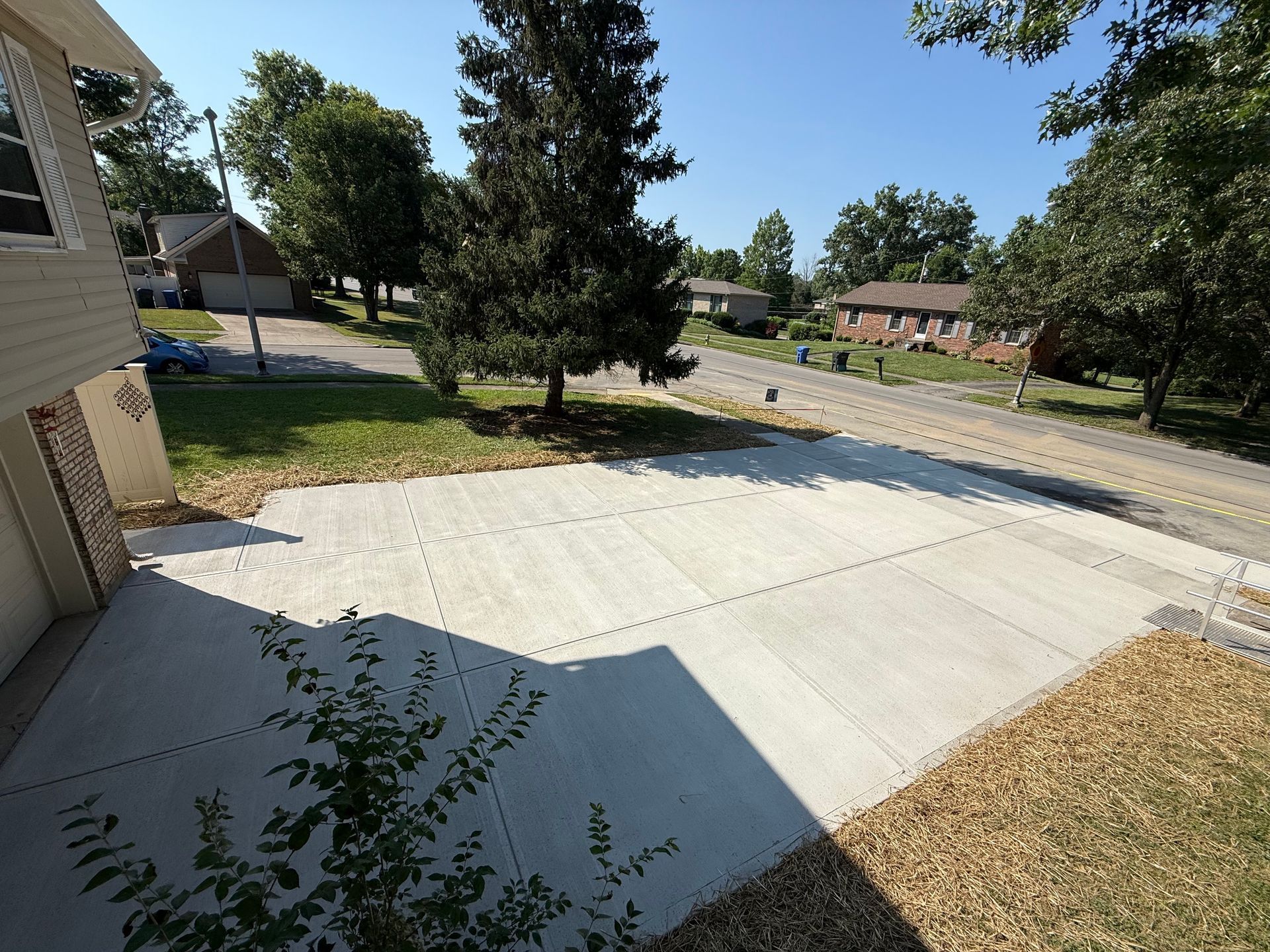 Concrete driveway beside a house, with trees, a street, and sunny suburban yard.