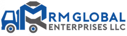 A logo for RM Global Enterprise featuring a truck, blue lettering above the company name in blue text.