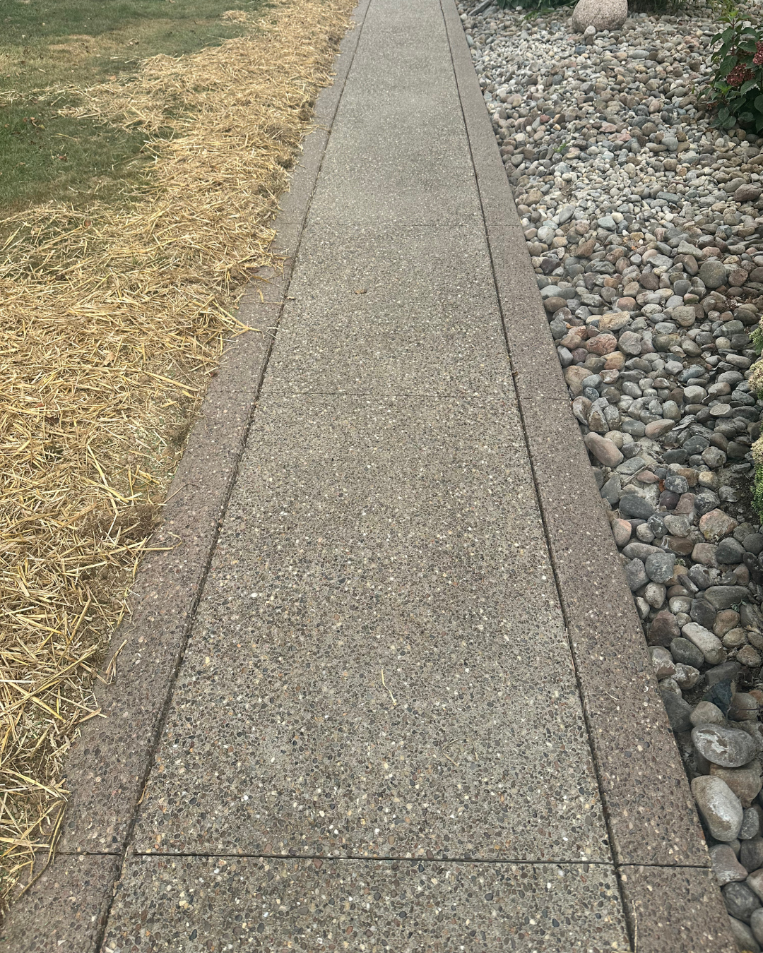 Narrow concrete sidewalk bordered by grass and decorative rocks outdoors