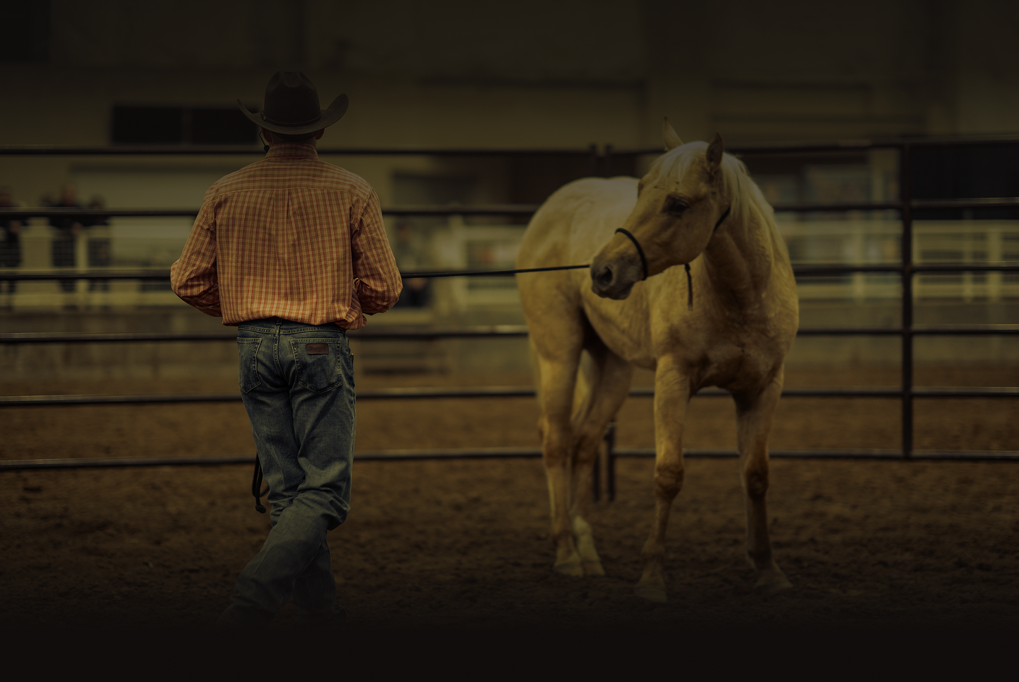 Cowboy walking beside a tan horse in an indoor arena, both viewed from behind.