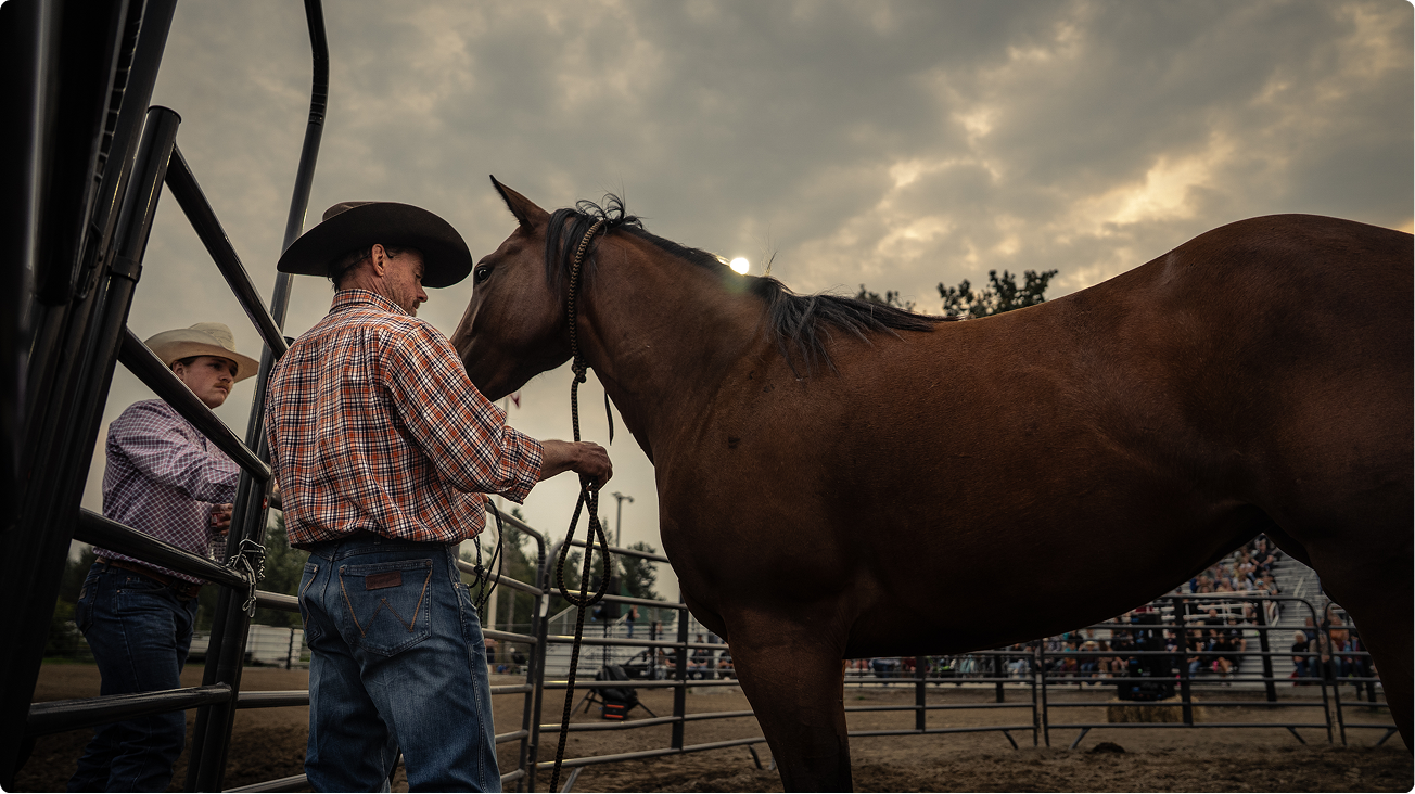 Cowboy in a plaid shirt stands beside a brown horse in a fenced ranch area under a cloudy sky