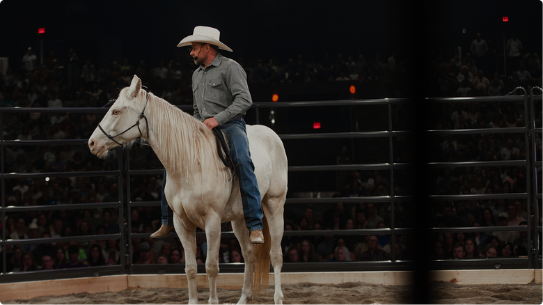 Cowboy in a white hat sitting on a white horse in an arena under dim lights.