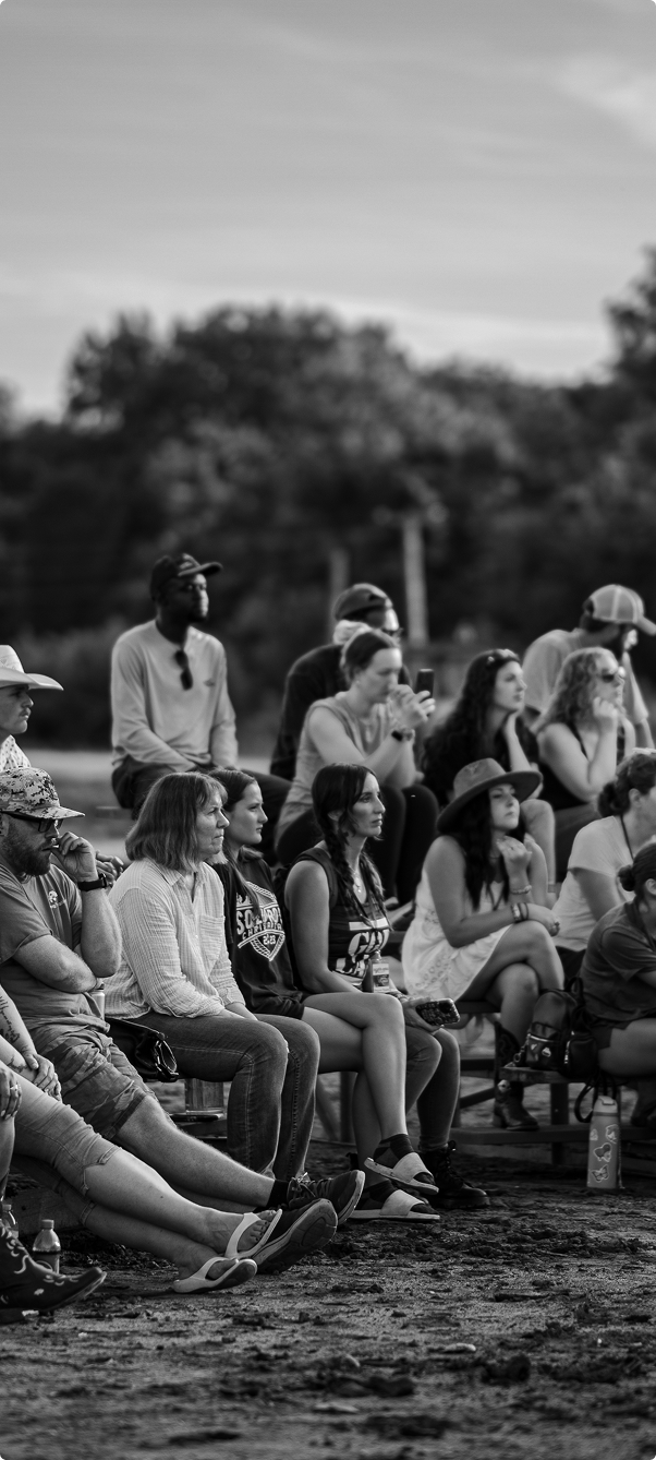 Crowd seated on outdoor bleachers watching an event in a park-like setting
