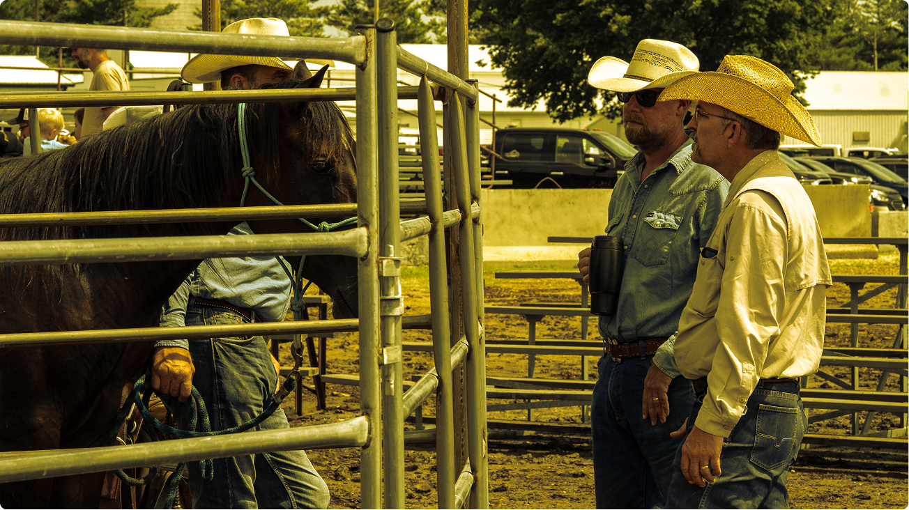 Two men in cowboy hats stand beside a horse in a metal corral on a ranch.