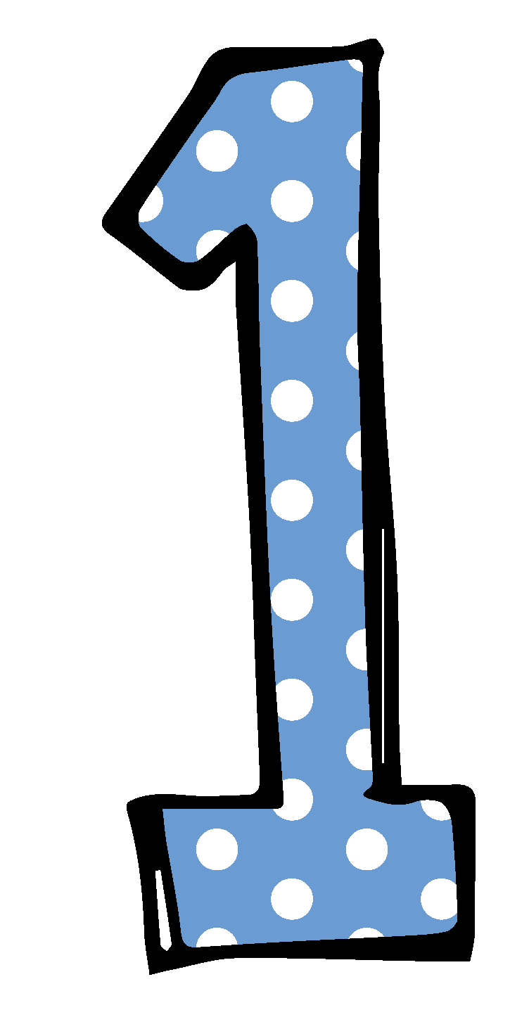 Blauw cijfer 1 met witte stippen en zwarte omlijning