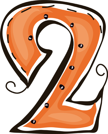 Decoratief oranje en wit cijfer 2 met zwarte omlijning en krullen.
