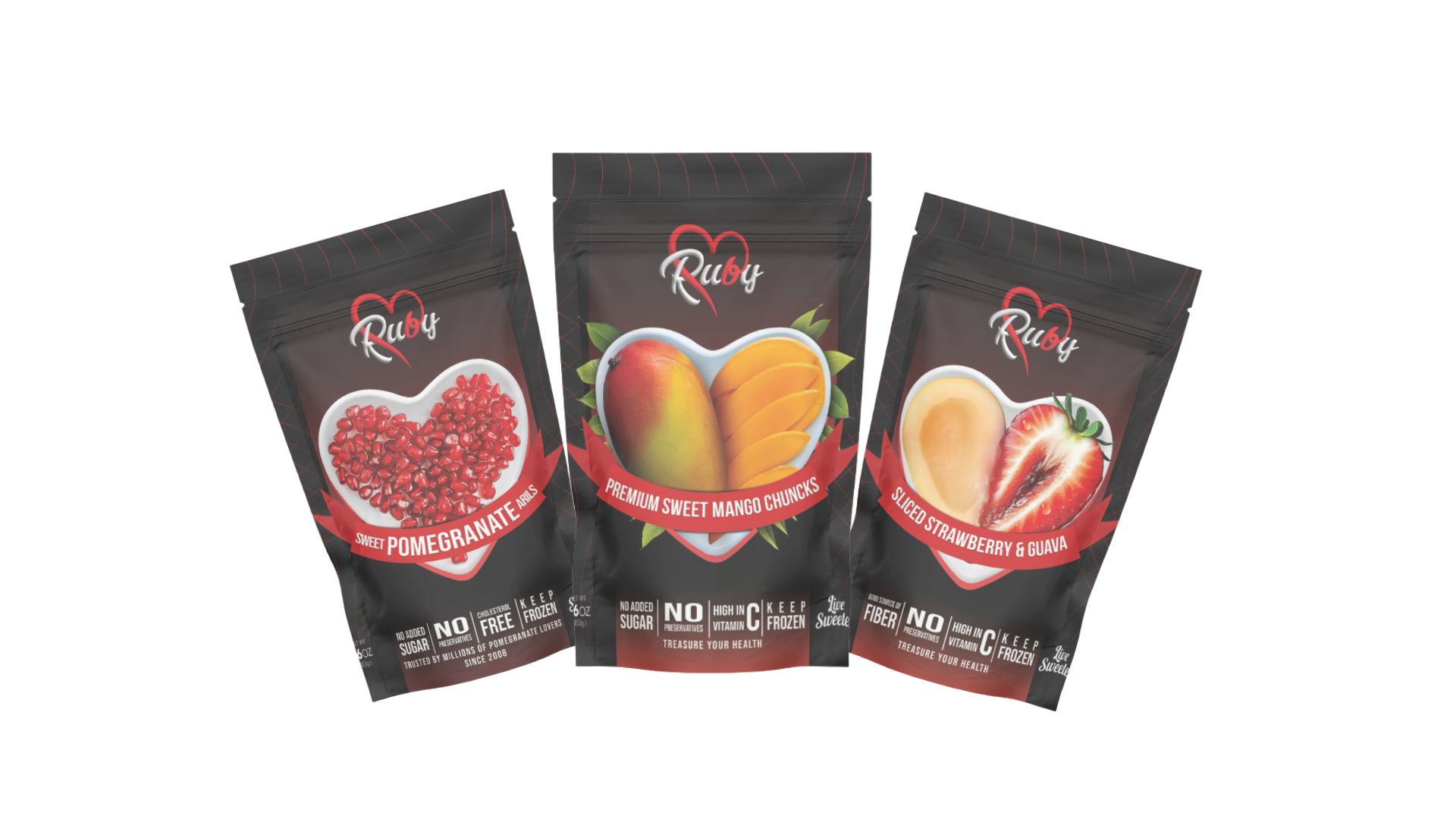 Three black pouches of Rani's dried fruit snacks, featuring heart-shaped graphics of pomegranate, mango, and strawberry.