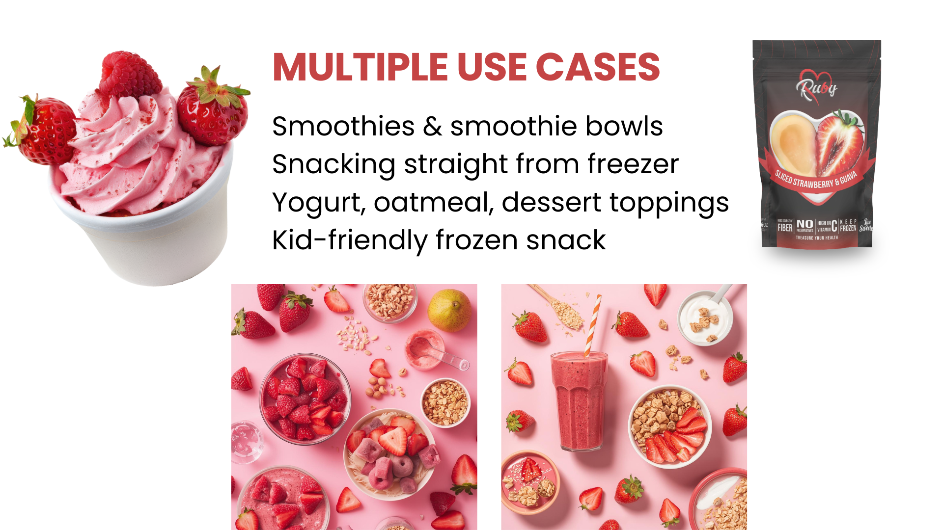 Various food items, including smoothies and yogurt, with strawberries, used in multiple ways, with a product package.
