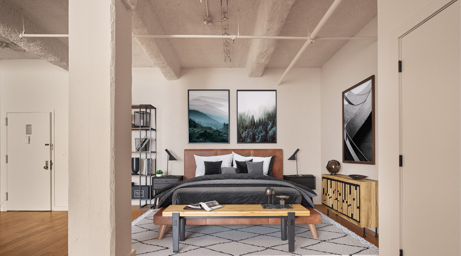 Bedroom with neutral walls, exposed ceiling beams, and a wooden bed frame, artwork, and a large rug.