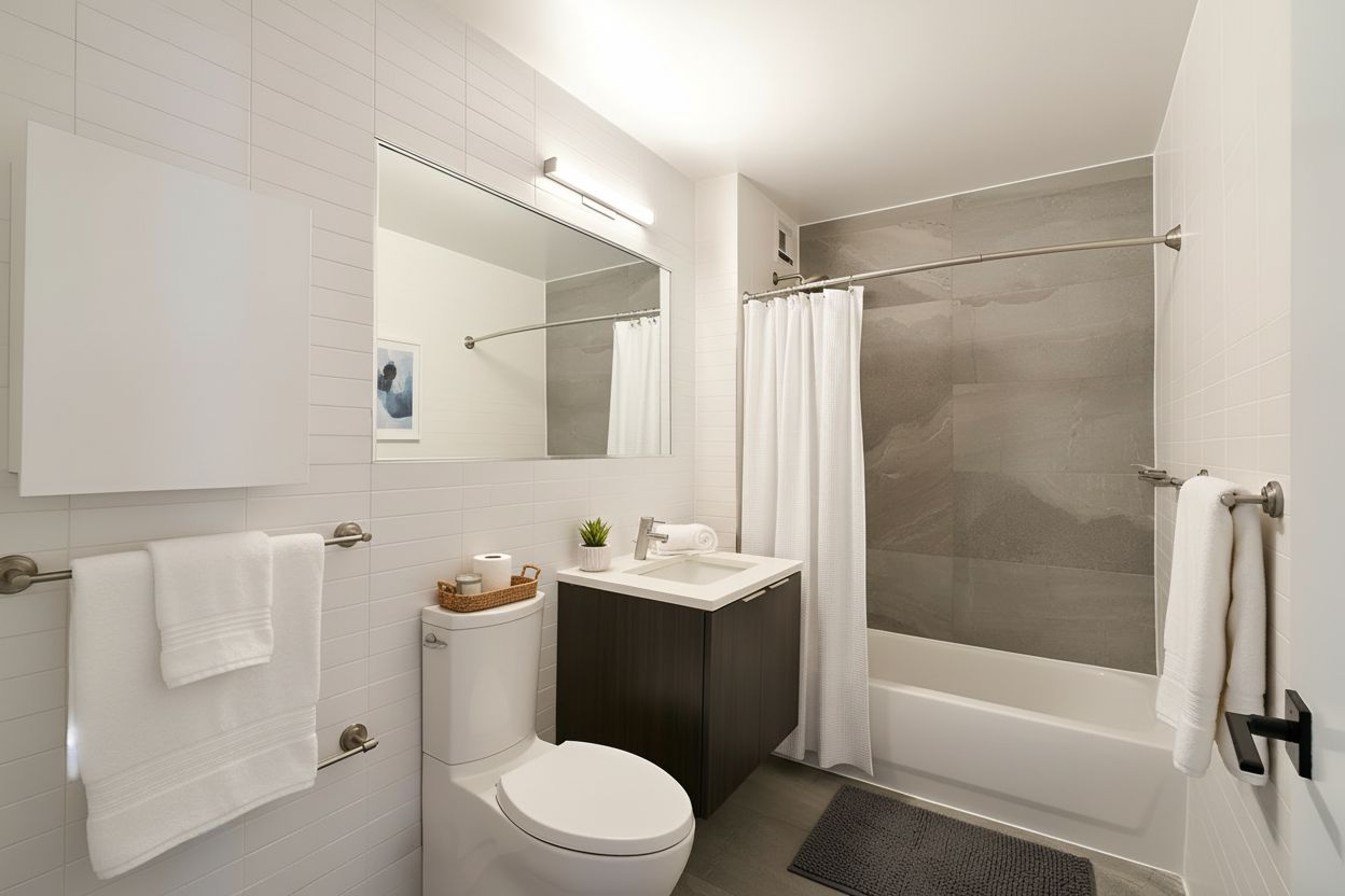 Modern bathroom with white and gray tile, dark vanity, toilet, and bathtub with curtain.
