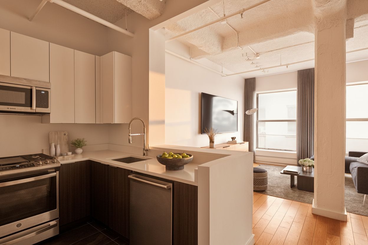 Modern kitchen with white cabinets, stainless steel appliances, and view into living area.