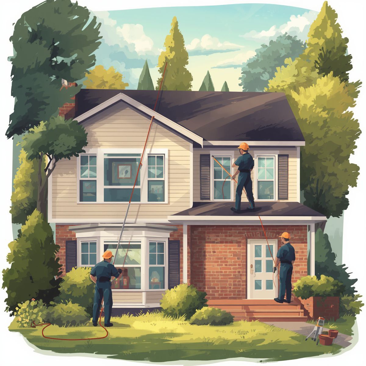 Three men cleaning windows on a home