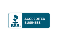 BBB Accredited Business badge: a teal and white rectangular logo with a stylized flame icon and text