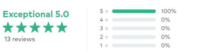 Rating summary: Exceptional 5.0 with five green stars. 100% of 13 reviews are 5-star.